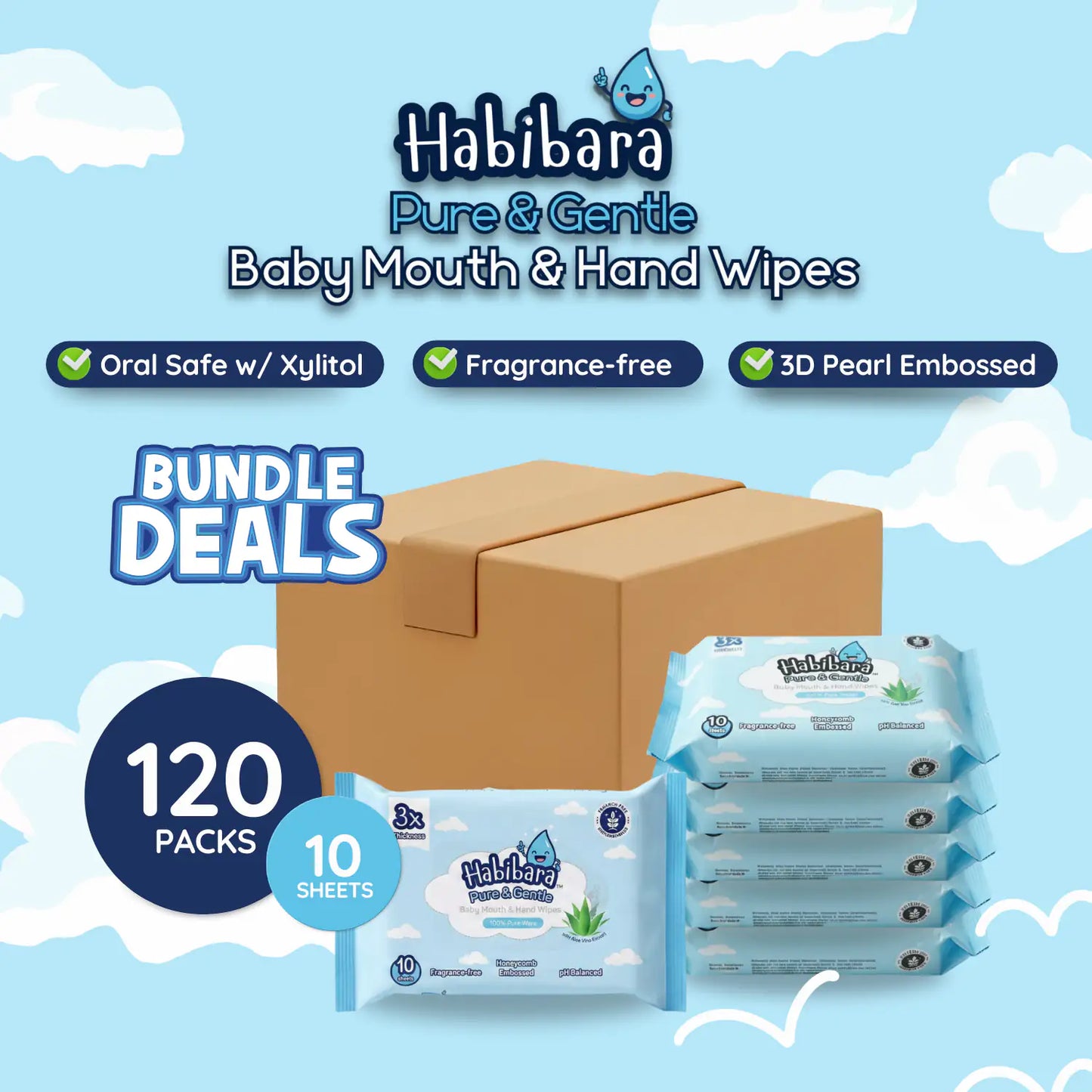 HLT One  [Carton Deals] Habibara Pure & Gentle Baby Wipes 10s x 120 Packs | Oral Safe with Xylitol | Sensitive Skin Baby Essentials, Baby Wipes 