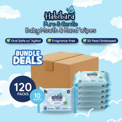 HLT One  [Carton Deals] Habibara Pure & Gentle Baby Wipes 10s x 120 Packs | Oral Safe with Xylitol | Sensitive Skin Baby Essentials, Baby Wipes 