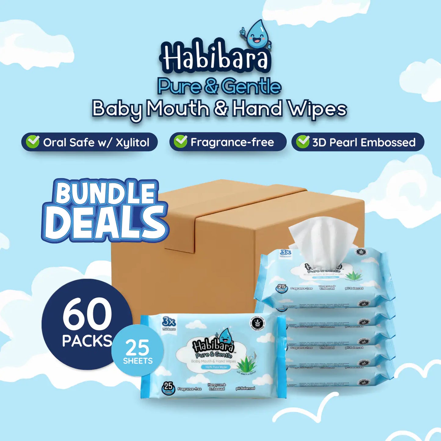 HLT One  [Carton Deals] Habibara Pure & Gentle Baby Wipes 25s x 60 Packs | Oral Safe with Xylitol | Sensitive Skin Baby Essentials, Baby Wipes 