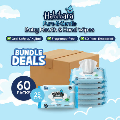 HLT One  [Carton Deals] Habibara Pure & Gentle Baby Wipes 25s x 60 Packs | Oral Safe with Xylitol | Sensitive Skin Baby Essentials, Baby Wipes 