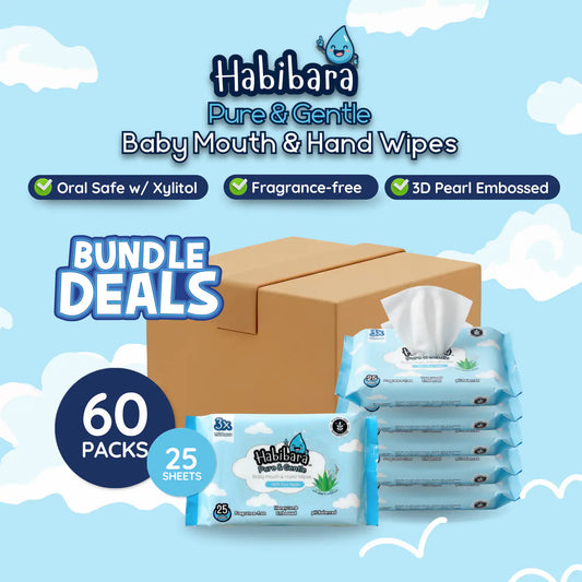 HLT One  [Carton Deals] Habibara Pure & Gentle Baby Wipes 25s x 60 Packs | Oral Safe with Xylitol | Sensitive Skin Baby Essentials, Baby Wipes 