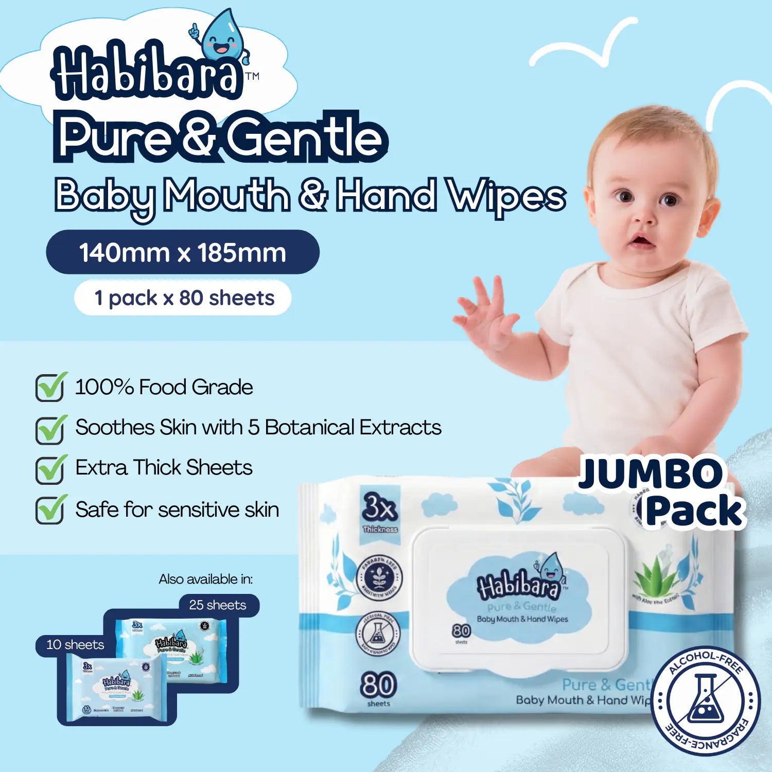 HLT One  Habibara Pure & Gentle Baby Wet Wipes | with 5 Botanical Extracts | Extra Thick | Sensitive Skin | 80 sheets Value Pack Baby Essentials, Baby Wipes 