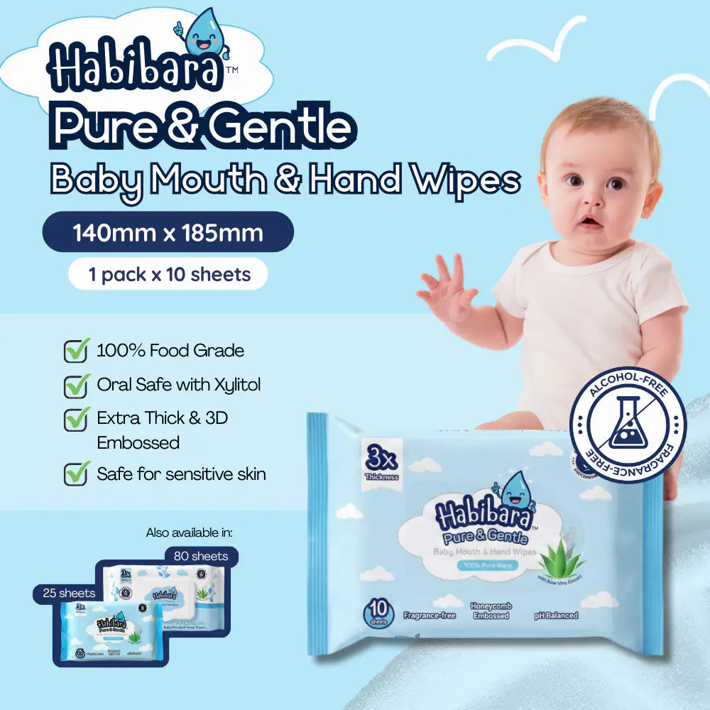 HLT One  Habibara Pure & Gentle Baby Wipes 10s | Oral Safe with Xylitol | Extra Thick & 3D Embossed| Sensitive Skin Baby Essentials, Baby Wipes