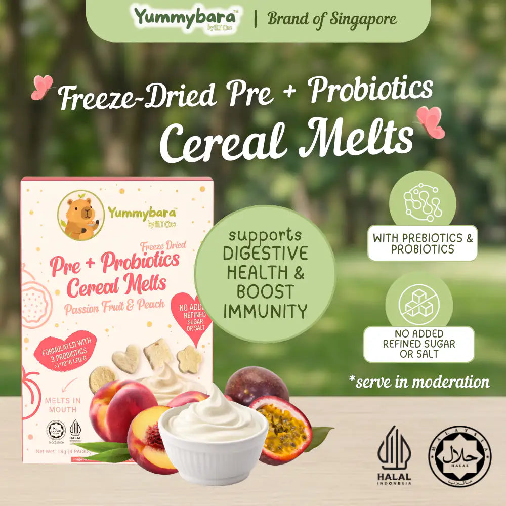 HLT One  Yummybara Freeze Dried Pre + Probiotics Cereal Melts (18g) 8 months+ Passion fruit + Peach 7m+, Baby Snacks, Halal, Melts 
