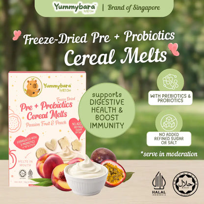 HLT One  Yummybara Freeze Dried Pre + Probiotics Cereal Melts (18g) 8 months+ Passion fruit + Peach 7m+, Baby Snacks, Halal, Melts 