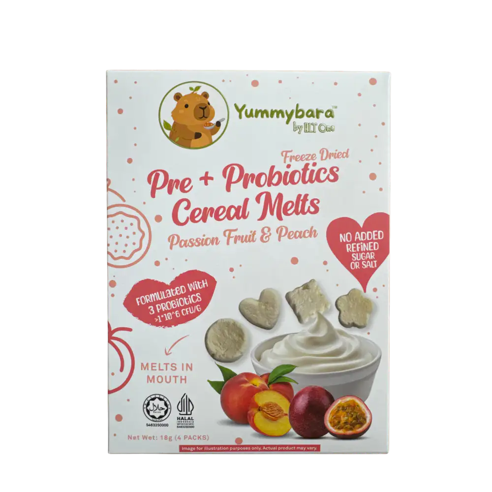 HLT One  Yummybara Freeze Dried Pre + Probiotics Cereal Melts (18g) 8 months+ Passion fruit + Peach 7m+, Baby Snacks, Halal, Melts 