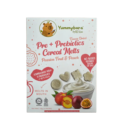 HLT One  Yummybara Freeze Dried Pre + Probiotics Cereal Melts (18g) 8 months+ Passion fruit + Peach 7m+, Baby Snacks, Halal, Melts 