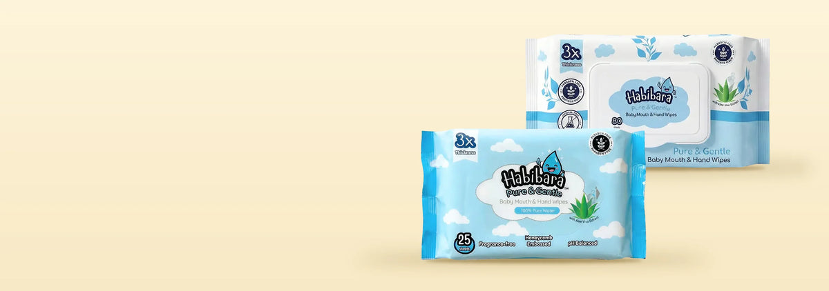 Habibara baby wipes beside an open pack of yoghurt melts