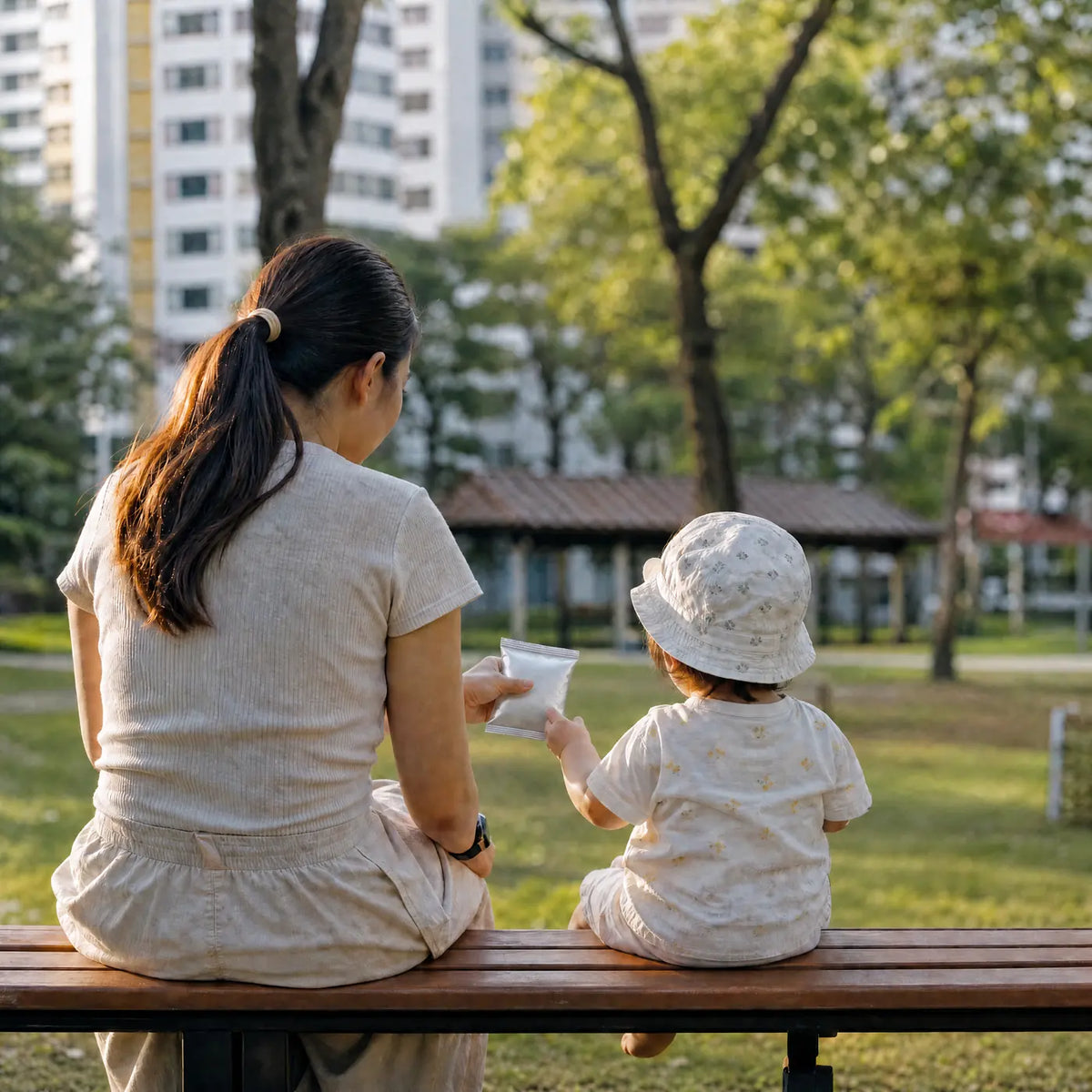 A parent handing a snack pack to a toddler on a park bench